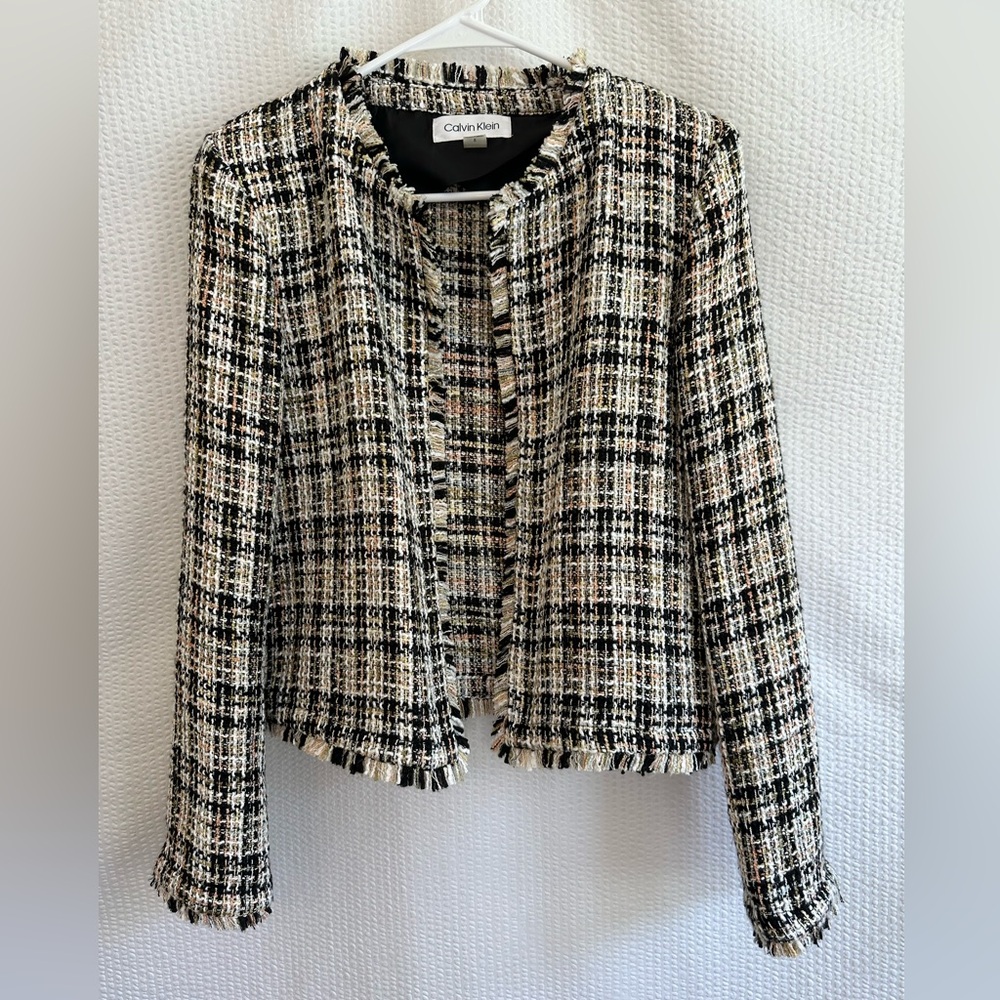 Calvin Klein Tweed Fringe Trim Jacket Black Cream Plaid Blazer Women’s Size 8
